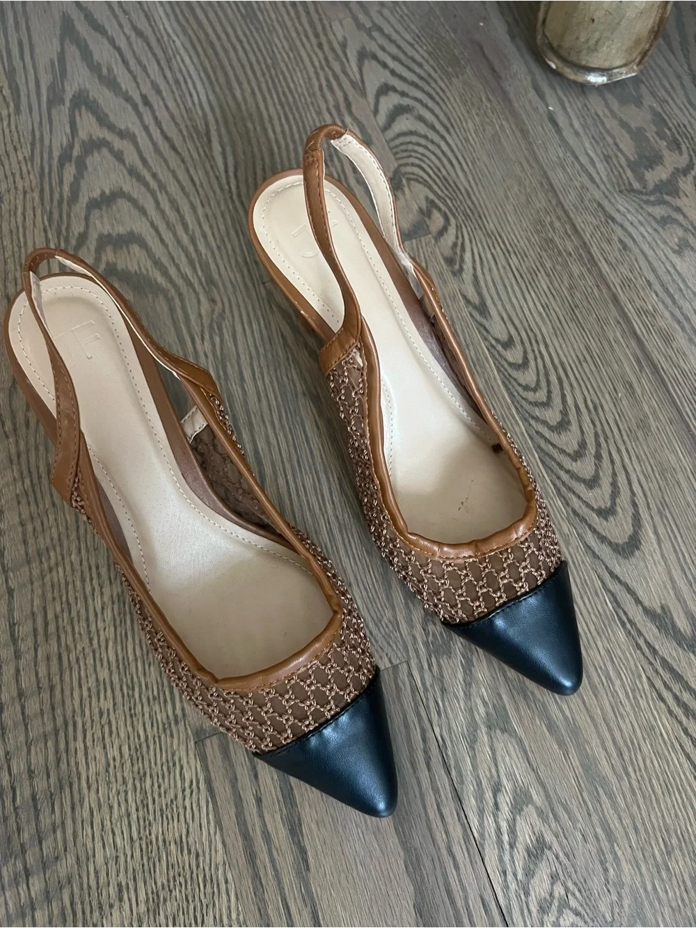 Shoe Dazzle Brown Mesh Slingback Heels with Black Pointed Toe Cap